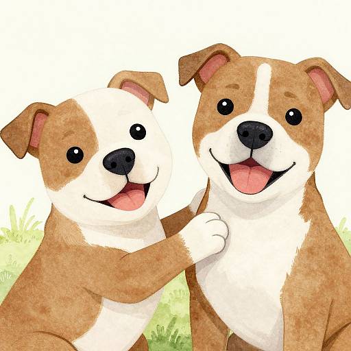 Digital illustration of two adorable brown and white puppies with black noses and happy expressions, one puppy hugging the other, set against a bright, grassy