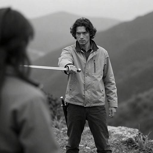 Man Holding Sword in Mountainous Landscape