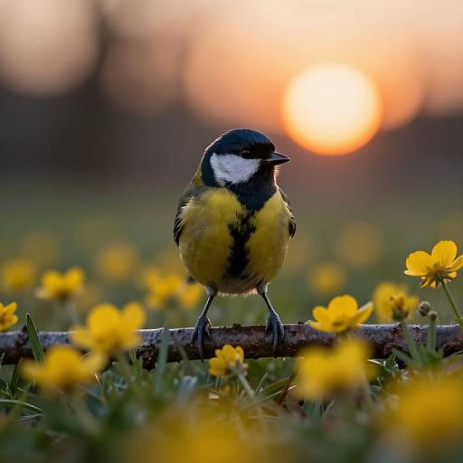 Photograph of a black-capped chickadee with yellow and black plumage perched on a branch in a field of yellow dandelions at