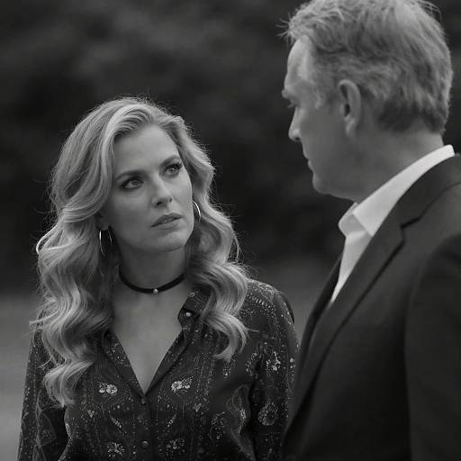 Black-and-white photograph of a blonde woman with wavy hair and a floral blouse, wearing a choker, looking intently at an older man in