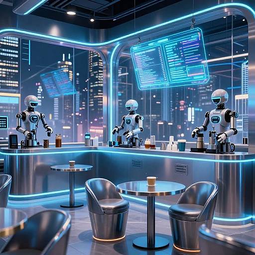 Photorealistic CGI of a futuristic café with two humanoid robots, neon blue lights, cityscape background, sleek metal chairs, and glowing menus hanging above