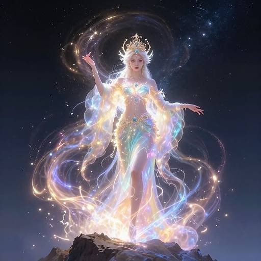 Digital artwork of a radiant, ethereal queen with a glowing crown, flowing, luminescent dress, and star-filled background, standing on a rocky