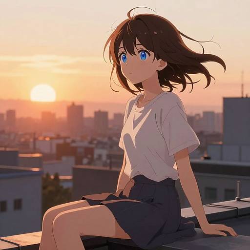 Anime Girl on Rooftop at Sunset