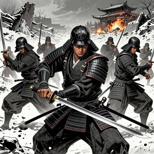 Digital comic-style image of five samurai warriors in black armor, wielding swords, battling amidst snow and fire in a war-torn village.