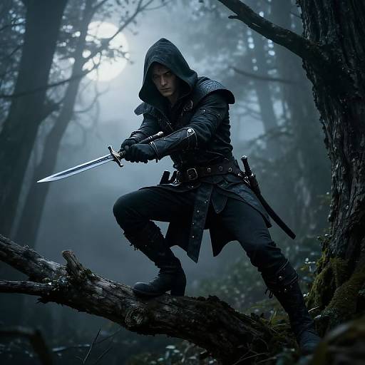 Photograph-style digital art of a hooded, dark-clad assassin crouching on a misty forest branch, holding a gleaming sword,