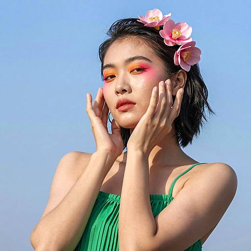 Vibrant Asian Woman Portrait with Flowers