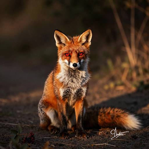 Red-Eyed Fox Sitting in Evening Forest