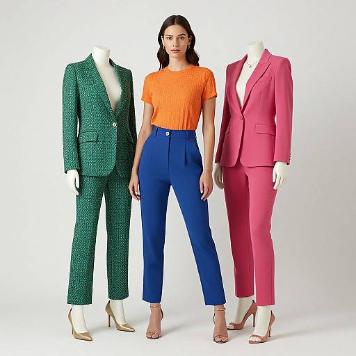 Photograph of a woman in an orange top and blue pants, standing between two headless mannequins in green and pink suits.