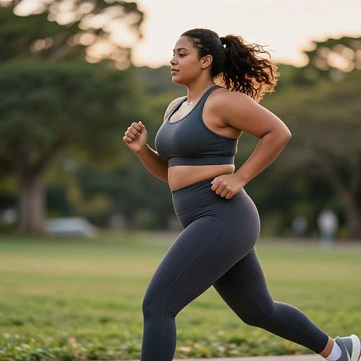 Photograph of a fit, dark-skinned woman with curly black hair jogging in a park, wearing a gray sports bra and matching high-waisted