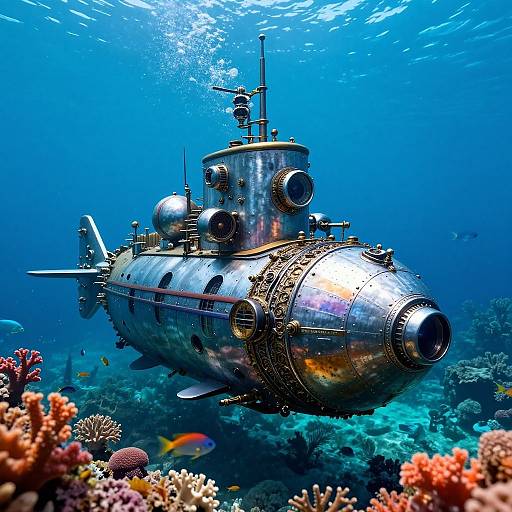 Photograph of a futuristic, metallic submarine with domed sections, surrounded by vibrant coral reefs and colorful fish in a blue ocean.
