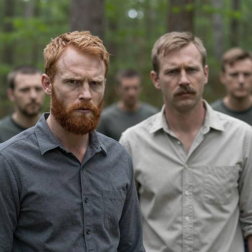 Two Men in Forest with Intense Expressions