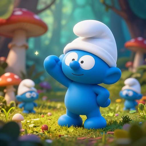 CGI image of a blue, cartoon-style character with a white hat, standing in a whimsical forest with glowing mushrooms and other blue characters in the