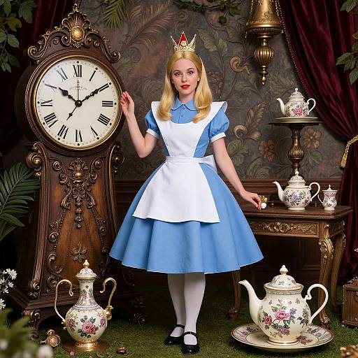 Photograph of a blonde woman in a blue Alice in Wonderland dress, white apron, crown, standing beside ornate clock and tea set.