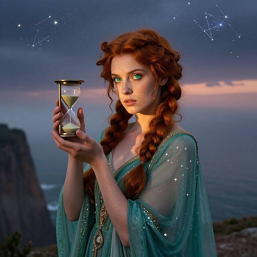 Digital artwork of a red-haired, green-eyed woman with braided hair, wearing a teal, sparkly gown, holding an hourglass, against a