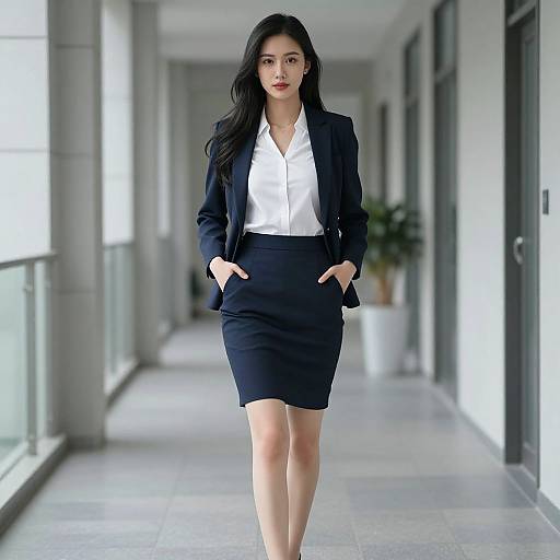 Photograph of an Asian woman with long black hair, wearing a black blazer, white blouse, and black pencil skirt, walking confidently in a modern