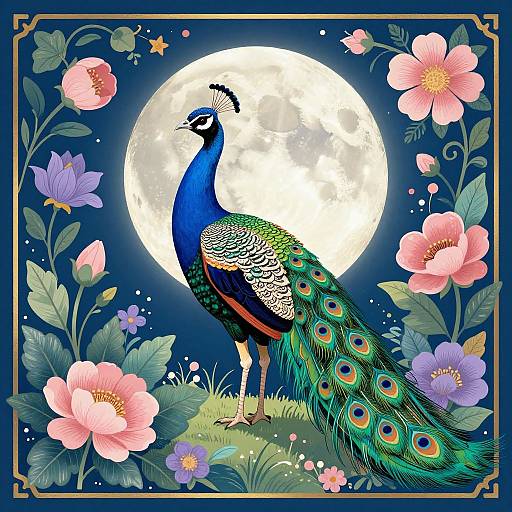 Vibrant Peacock with Moonlit Floral Frame
