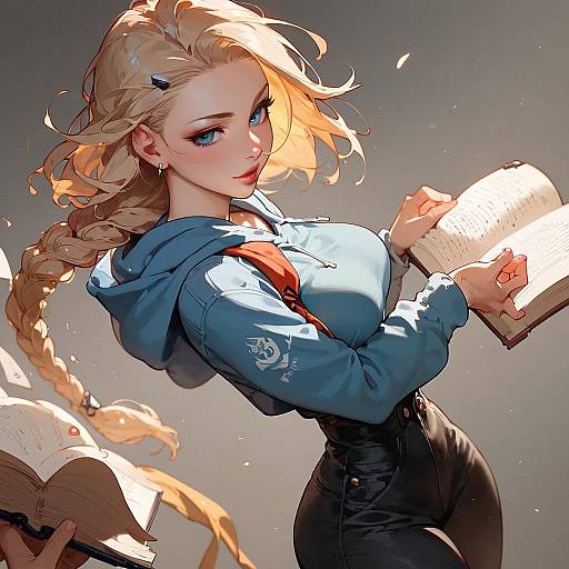 Curvy Cartoon Character Holding Books