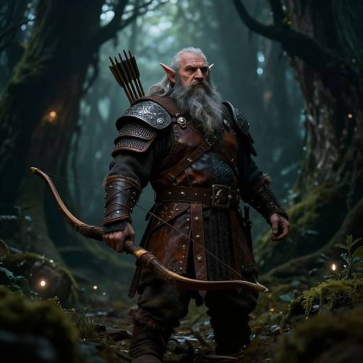 Photorealistic digital artwork of an elderly, gray-bearded elf archer in dark, medieval armor, holding a bow in a misty forest.