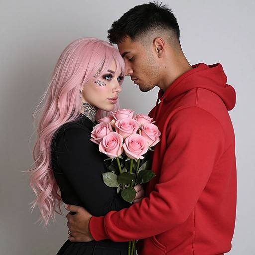 Photograph of a couple with pink roses; woman with long pink hair, black top, and face tattoos, man in red hoodie, white background.