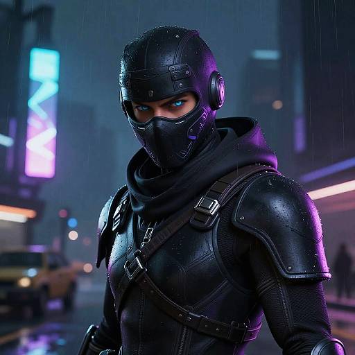 CGI image of a masked, armored, blue-eyed vigilante with black leather gear, headphones, and a hood, standing in a rainy, neon