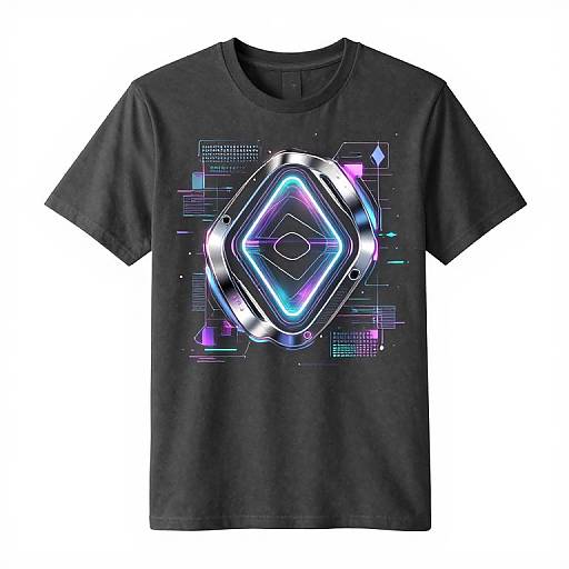 Photograph of a black short-sleeve t-shirt with a neon, geometric, glowing diamond pattern in blue, purple, and pink on the chest