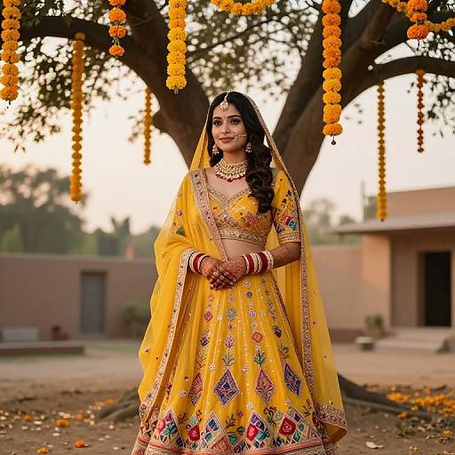 South Asian Bride in Yellow Bandhani Lehenga
