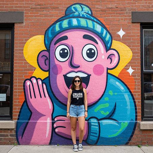 Photograph of a young woman standing in front of vibrant street mural of a smiling, cartoon child in a blue hat and shirt. She wears sunglasses,