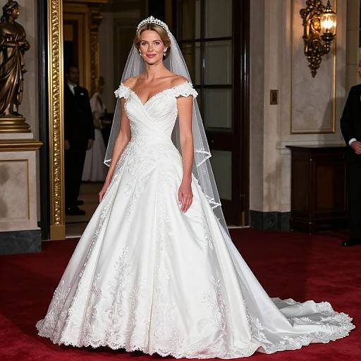 Photograph of a smiling bride in an off-shoulder white lace wedding gown with veil, standing on a red carpet in an elegant, ornately