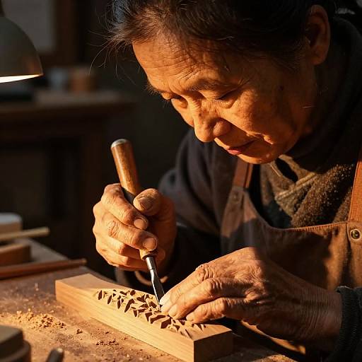 Photograph of an elderly Asian man with wrinkled skin, focused on carving wood with a chisel under warm, focused lighting.