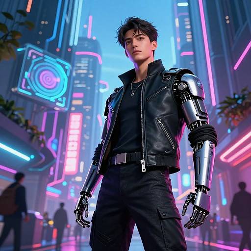 Cyberpunk cityscape: Male with black leather jacket, metallic cyberarms, black pants, standing confidently in neon-lit futuristic street. (Phot