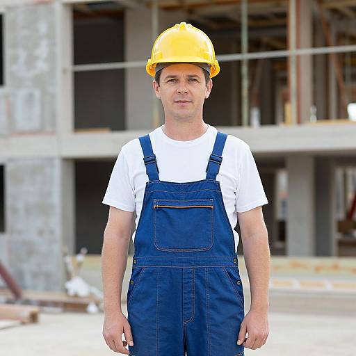 Photograph of a Caucasian man with short brown hair, wearing a yellow hard hat, white t-shirt, and blue overalls, standing in front of
