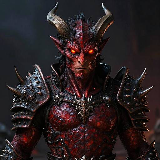 Photorealistic CGI of a fierce demon with glowing red eyes, black and red scaly skin, large horns, and spiked black armor. Dark,