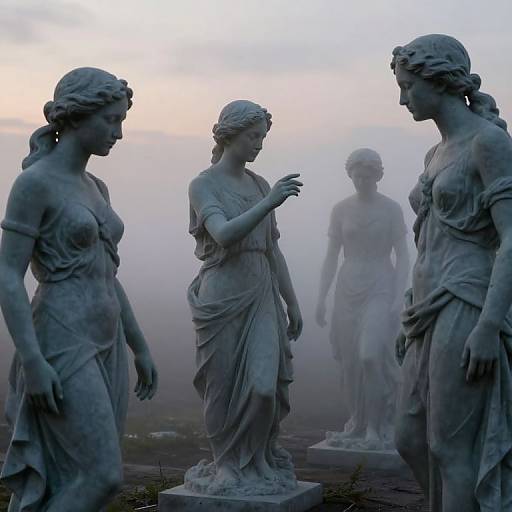Photograph of four classical marble statues in misty twilight, featuring three women and one man in draped robes, standing in a foggy outdoor setting with