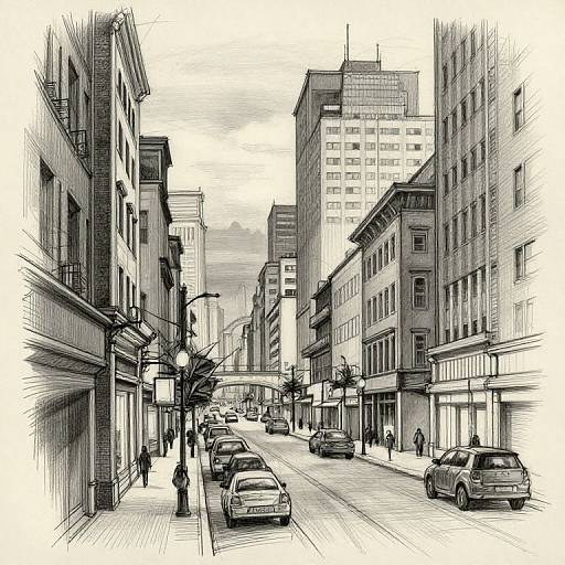 Black-and-white digital sketch of a busy urban street with tall buildings, parked and moving cars, pedestrians, street lamps, and storefronts.