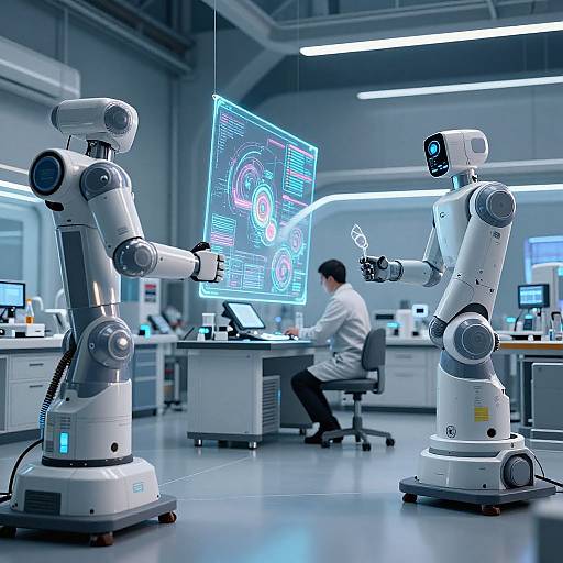 Photograph of a futuristic lab with two white robotic arms displaying a holographic interface, while a man in a white shirt sits at a desk.