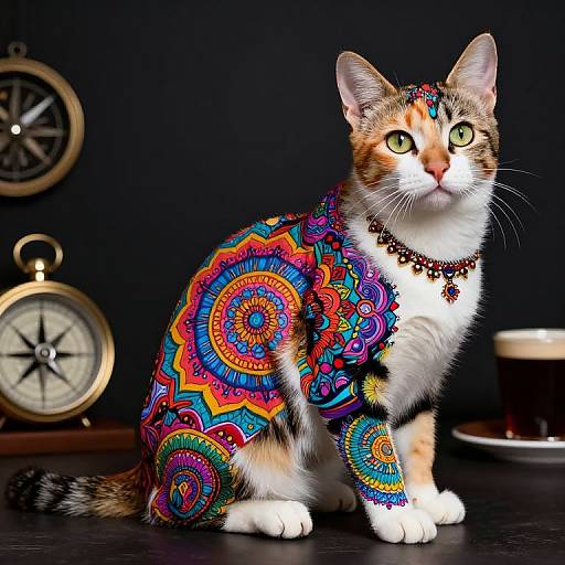 Photograph of a colorful, patterned cat with vibrant, psychedelic designs, wearing a beaded necklace, sitting on a black surface with a compass and
