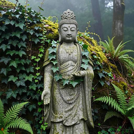 Photograph of a serene stone Buddha statue, adorned with a necklace, surrounded by lush green ivy, ferns, and misty forest background.
