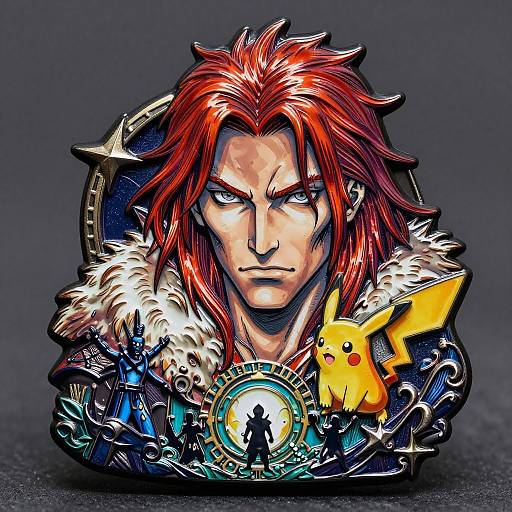Digital artwork of a stern red-haired man with anime-style features, fur-trimmed armor, surrounded by Pikachu, a silhouette, and fantasy elements.