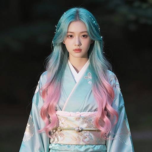 Woman in Prismatic Teal to Rose Ombre Kimono