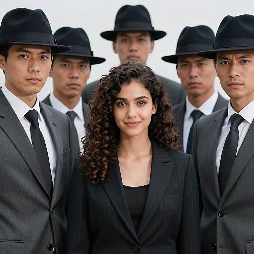 Vintage Scene: Men in Suits Surrounding Woman