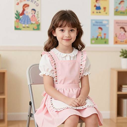 Photograph of a young girl with wavy brown hair, wearing a pink dress over a white blouse, sitting on a white chair in a brightly lit