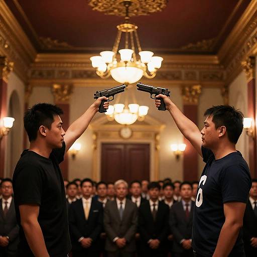 Dramatic Standoff in Ornate Room