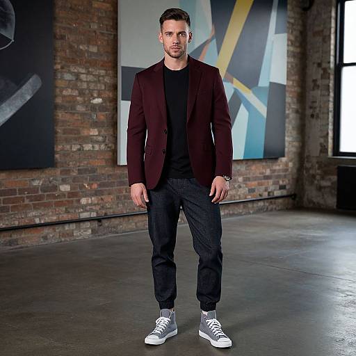 Photograph of a handsome man with short dark hair, wearing a black t-shirt, maroon blazer, black pants, and white sneakers, standing