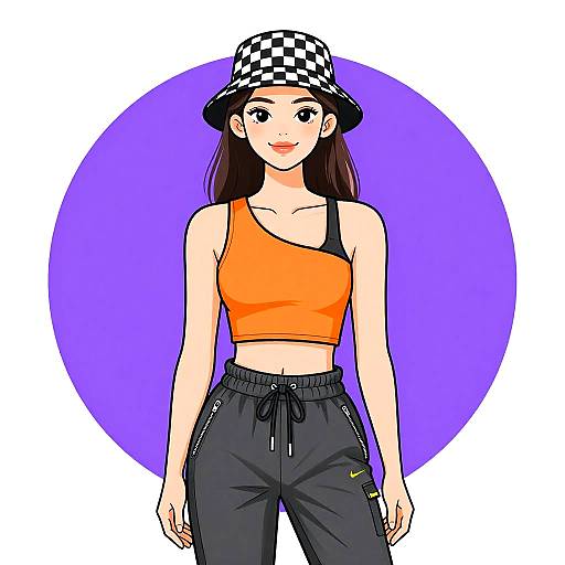 Digital illustration of a young woman with long brown hair, wearing an orange crop top, black and white checkered bucket hat, and black pants, standing
