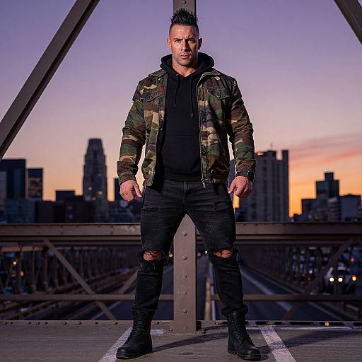 Photograph of muscular man with spiked hair, wearing camouflage jacket, black hoodie, ripped jeans, and boots, standing on bridge at sunset with city skyline