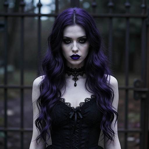 Gothic-style photograph of a pale-skinned woman with long, wavy, dark purple hair, wearing a black lace corset, and dark