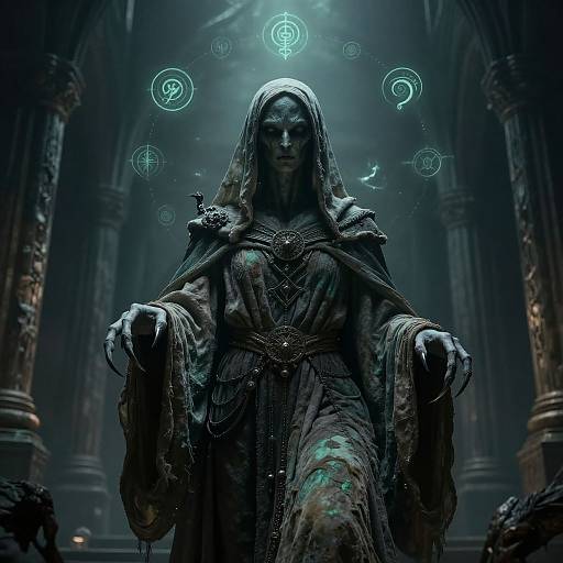Digital art of a mysterious, hooded female figure with glowing blue spirals above her head, in a dark, gothic cathedral.