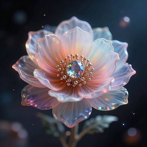 Photograph of a glowing, translucent rose with iridescent petals and a central, sparkling gem-like stamen, set against a dark, bokeh