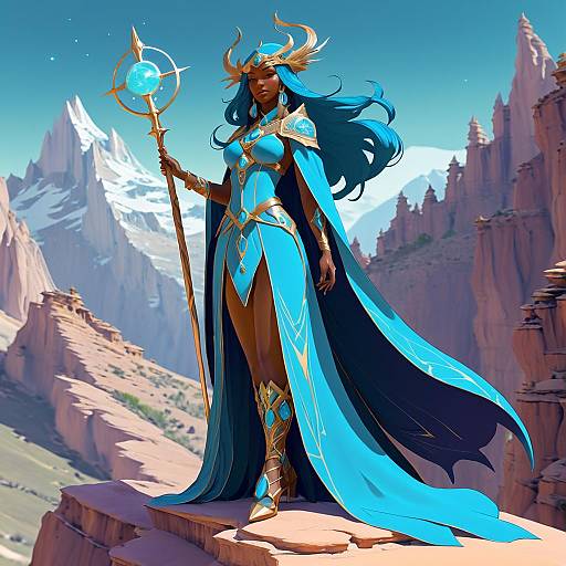 Ancient Celestial Sorceress in Mountain Landscape