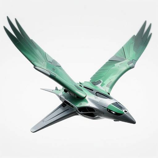 Digital art of a futuristic, green and black jet aircraft with large, feathered wings, soaring against a white background.